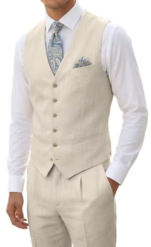 High-End Suits Casual Lightweight Breathable Linen Beige Men's 2 Piece Wedding Suit Slim Fit Groomsmen Tuxedos Prom Party Daily Wear Vest Pant be-4640
