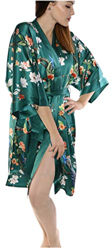 Prettystern Damen 100% Seide Kimono Yukata Knielang Gürtel Seidenmantel Hauskleid oder Morgenmantel Sommer Kleid Dunkel-grün Pfau Garten K08