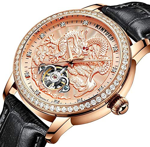 Klocka guld Yueda Business lång äkta läder vattentät klocka Tourbillon mekanisk klocka, 4