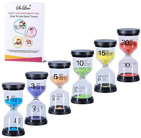 Hourglass Sand Timers 1/3/5/10/15/30 Minutes, Colorful Sand Clock for Kids, Mini Plastic Sand Watch for Games Classroom, Small Glass Sandglass Timer Set (Pack of 6)