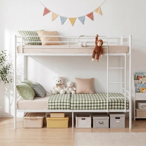 Panana Double Bed Kids Bunk Beds 3FT Single Bed Children Metal Bed Frame With Stairs (White)