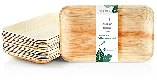 Wiseware Palmblatt Teller - 200 Stück Einwegteller rechteckig 23 x 16 cm - biologisch abbaubares Palmblattgeschirr - kompostierbares Partygeschirr - Bio Einweggeschirr