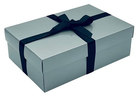 Silberne Geschenkbox mit Deckel, wählen Sie Ihre Bandfarbe, große Erinnerungs- oder Geschenkboxen, flach verpackte Geschenkboxen für Geschenke, Geburtstags- oder Babygeschenke, Größe 30 x 20 x 10 cm