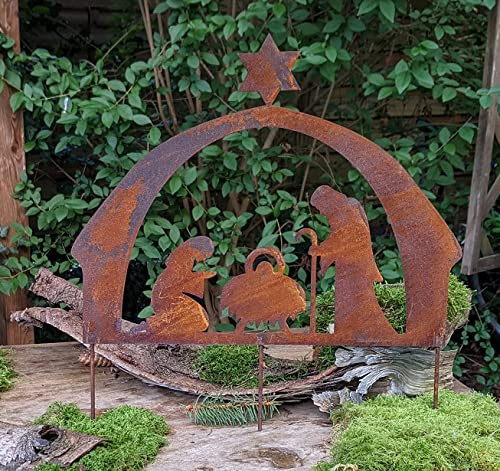 terracotta-toepfe-de Krippe ca. 40 cm breit aus Metall in Edelrost zum Stecken Rost Weihnachten Deko Advent Maria und Josef Geburt Stern Bethlehem Glaube Kirche Blumenkastenstecker