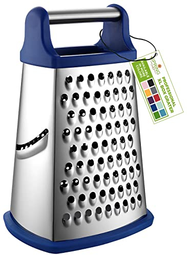 Spring Chef Professionell lådrivjärn, rostfritt stål med 4 sidor, bäst för parmesanost, grönsaker, ingefära, XL-storlek, safir