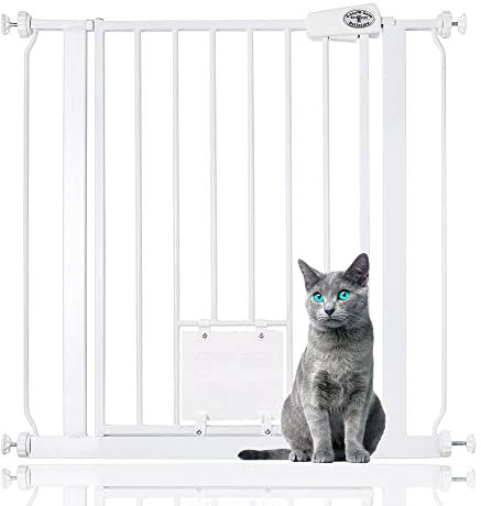 Bettacare Pet Gate with Lockable Cat Flap, 75cm - 83cm, White, 75cm in Height, Dog Safety Barrier with Cat Flap, Easy Installation