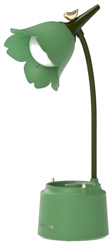 QIANGUANG Niedliche LED-Schreibtischlampe, Kawaii-Schreibtischzubehör, Blume, Vogel-Tischlampe, USB wiederaufladbar, 3 Farbmodi, stufenloses Dimmen, berührungsempfindlicher Schalter (grün)