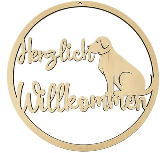 Herzlich Willkommen - Ein wunderbares Willkommensschild mit Hundemotiv aus schönem Holz, welches Dich, Deine Familie und kommende Gäste mit einer netten Botschaft begrüßt. 25cm Durchmesser