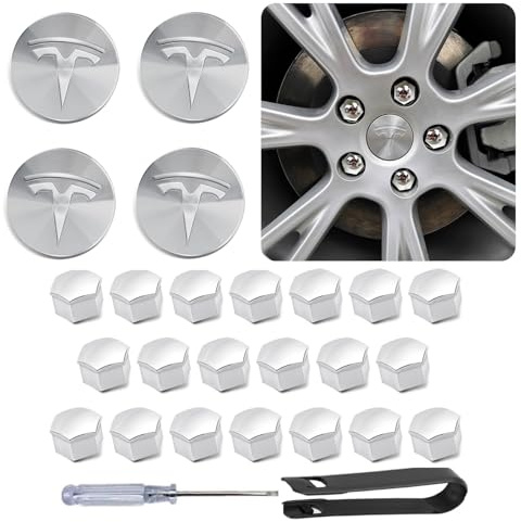 Radkappen Set für Tesla Model 3 / Model Y (Silber), 4 Nabenkappen + 20 Radmutterkappen