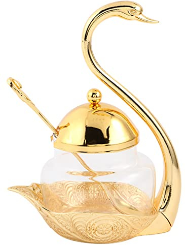 FAiruo Olla Para Condimentos, Tarro De Metal Para Condimentos, Estante De Cisne, Recipiente Para Sal, Azucarero, Tarro Para Dulces, Tarro Para Galletas Con Tapa De Cuchara Para Cocina-Gold