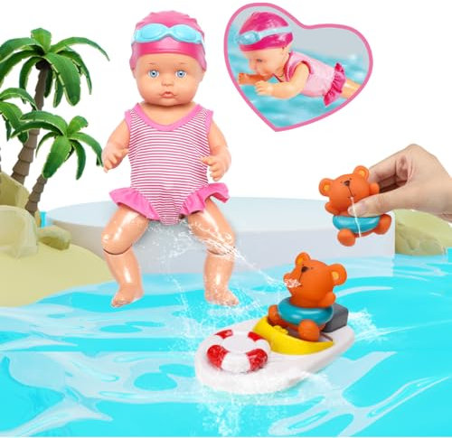 Xwin Sportseries Pack of 2 Battery Operated Swimming Doll Bathtub Toy with Cute Bear Baby Bath Floating Swimming Pool Toys Waterproof Wind-up Swimming Function Bath Pool Doll