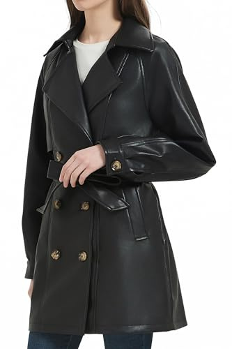 RISISSIDA Women Faux Leather Blazer Jacket Spring Fall Vegan Pleather Soft Casual Lapel Button Down Coat with Belt,Black,M