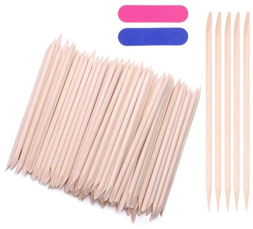 luckaide Rosenholzstäbchen Maniküre, 202 Stück Rosenholzstäbchen, Doppelseitige Orange Holzstäbchen, Nagelhautschieber Holz Sticks für Maniküre Kunst Pediküre Nagelhautpflege mit 2 Nagelfeilen