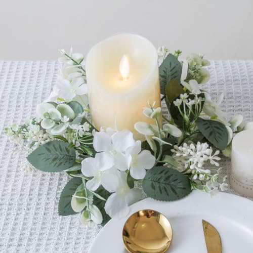 Künstliche Hortensien-Kerzenringe, Eukalyptusblätter, Kränze, kleiner Boho-Kranz, Stumpenkerzenhalter für Ostern, Hochzeit, Zuhause, Tür, Tischdekoration, Weiß, 2 Stück