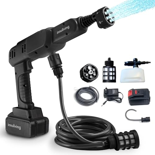 Innoliving Idropulitrice Senza Fili INN-647 Ricaricabile 3000mAh con 6 Regolazioni e 7 Accessori, Adattatore per Bottiglia, Contenitore Sapone incluso, Batteria 18,5V 3000mAh e Caricabatteria