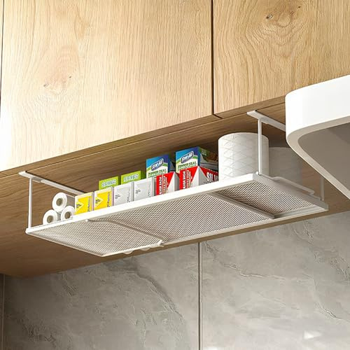 ROLIZOE 1 Pack Expandable Under Cabinet Shelf, Under Shelf Basket with 0.94 Inches Thick Clips for Kitchen Cupboard, Metal Hanging Under Desk Basket for Laundry Room, Cabinet, Shoe Rack