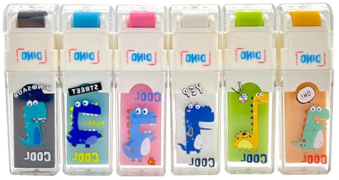 Lindo borrador, 6 gomas de borrar de goma con recogedor de escombros para escribir, dibujar, suministros escolares de oficina (dinosaurio)