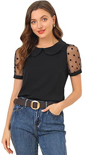Allegra K Puffärmar för kvinnor vintage bubikrage topp mesh polka prickar topp blus, svart, XXL