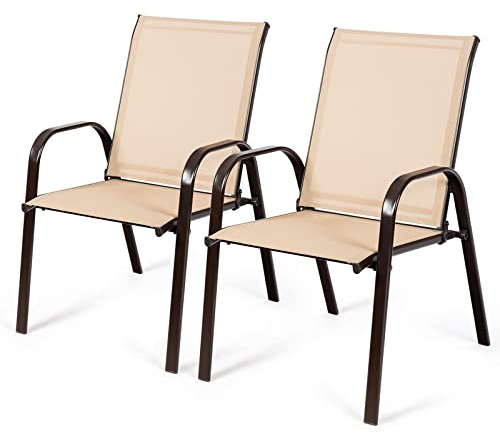 KOMFOTTEU 2er Set Gartenstühle, Balkonstühle mit Armlehnen & hoher Rückenlehne, Terrassenstühle aus Metallrahmen, Essstühle für Patio, Terrasse (Beige)