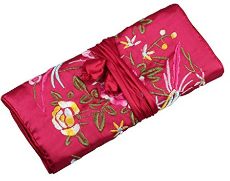 LEYILE - Bolsa de viaje tradicional de seda china con bordado, para joyería, enrollable, en rosa rojo