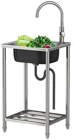 Évier Mobile Autoportant en Acier Inoxydable avec Robinet, Portable pour Camping 1 Bac, Lavabo à Une Cuve pour Garage Jardin Buanderie