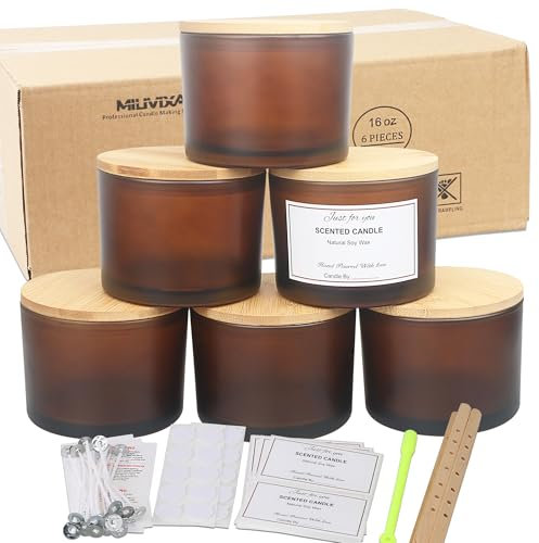 MILIVIXAY Confezione da 6 barattoli per candele da 453,6 g con coperchio in bambù e kit per la realizzazione di candele, barattoli vuoti in vetro spesso color ambra smerigliata per realizzare candele