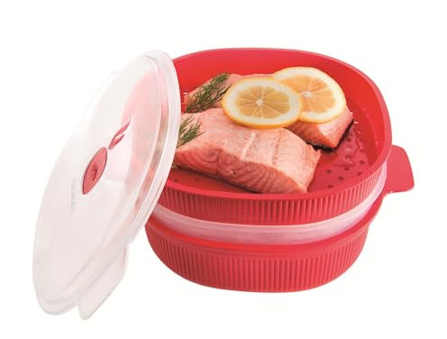 Snips Vaporiera Per Microonde 4LT, Vaporiera Con 2 Vassoi, Contenitore per Microonde, Colore Rosso, Linea Tempozero, 26.5 x 22 x 13.5 cm, Made in Italy
