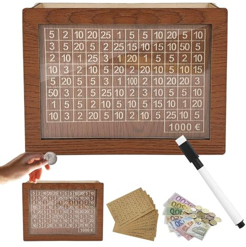 JWDMHSJ Spardose aus Holz, spardose mit zähler, sparbox mit Zahlen ankreuzen, sparschwein aus Holz mit zähler, Wiederverwendbare Spardose, für Erwachsene und Kinder mit Sparziel (1000€)