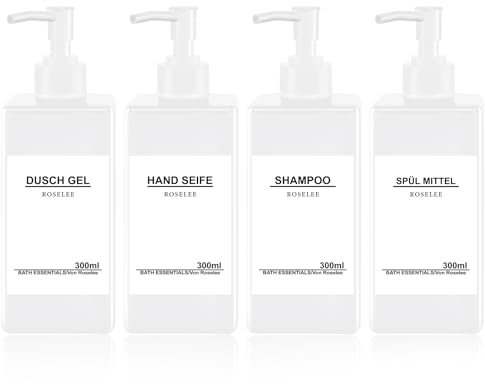 4er Seifenspender Set Weiß, 300ml Seifenspender Dusche Kunststoff Nachfüllbare Pumpspender mit Trichter und Wasserdichten Etiketten Modern Shampoo Flaschen zum Befüllen für Küche Badezimmer Bad