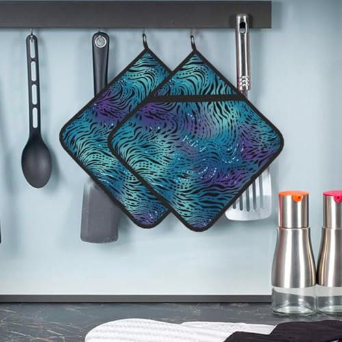 2 PCS Pot Holders for Kitchen Heat Resistant Potholder Blue Zebra Print Hot Pad Washable Potholders for Cooking Square Trivet for Baking Non-Slip Oven Pot Holder Set with Hanging Loops 8×8