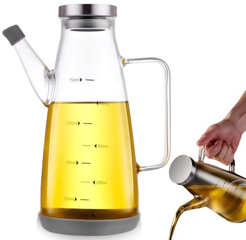 Botella de aceite: botella de aceite de oliva de 750 ml, botella de aceite de vidrio con mango antideslizante, dispensador de aceite con base de silicona antideslizante, botella de aceite de oliva sin