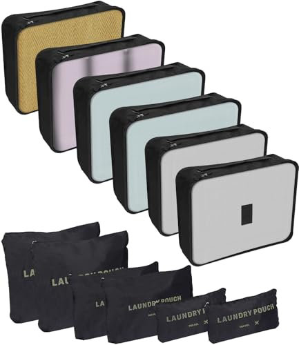 SOBEAU 12 Stück Koffer Organizer Set, Packing Cubes, Packwürfel für Reisen, Kofferorganizer mit Kleidertaschen, Schuhbeutel & Kosmetiktasche, Reise-Gadgets, Wasserdicht & Komprimierbar (schwarz)