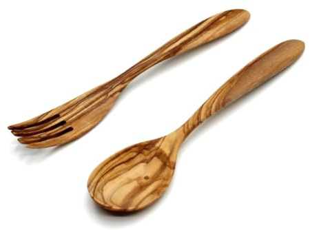 DAGDEG Lot de 2 couverts en bois d'olivier, 20 cm, couverts de table méditerranéens, couverts de table en bois d'olivier, cuillère, fourchette, fait à la main (2 pièces)
