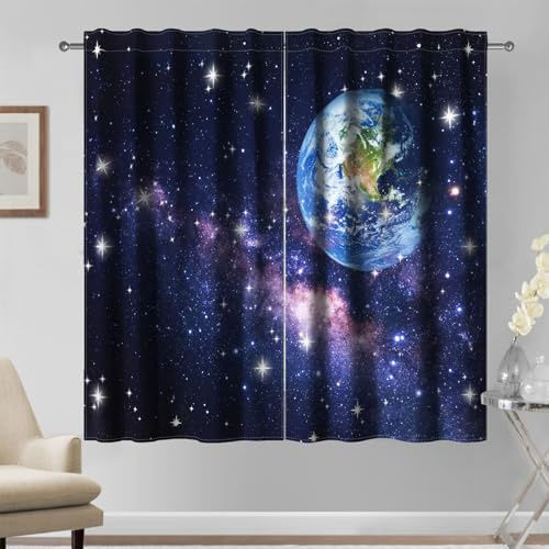 Kzzfqxb 117×138cm Conjunto de 2 Paneles de Cortinas del Cielo Estrellado, Cortinas de Ventana del Sistema Solar Galáctico de Ensueño para Niños, Cortinas para el Dormitorio y la Sala de Estar