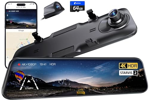Pelsee S12 Pro Mirror Dash Cam with STARVIS 2 Sensor, Rear View Mirror Camera 5.8GHz WiFi, 4K Front and 1080P Rear Backup Camera for Car, ADAS &BSD, Voice Control, Color Night Vision, 64G Meomory Card