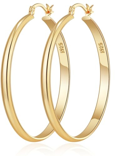 RANKEEF 3 mm Ancho Grandes Pendientes Aro Oro Mujer Hipoalergenicos Post de Plata de Ley 925 Ligeros 14K Oro Grandes Aros Dorados Mujer