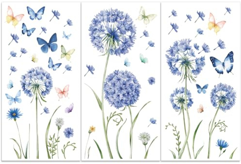PLIGREAT 3 Blatt Blaue Löwenzahn Abziehbilder Zum Aufreiben Zum Basteln Bunte Schmetterlings Aufkleber Zum Aufreiben Wasserdicht Pflanzen Möbel Transferaufkleber Für Holzmöbel Scrapbooking Heimdekor