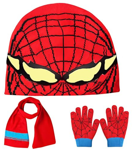 Oneser Spider Beanie Hat Scarf Gloves Set for Kids Winter Knit Beanie Cap Slouchy Knit Cap Warm Winter hat Gloves Red