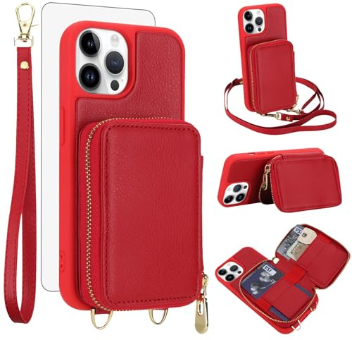 Phone Case for iPhone 15 Pro 6.1 inch Wallet Cell Cover with Tempered Glass Screen Protector Wrist Crossbody Strap Lanyard Stand RFID Blocking Credit Card Holder i Phone15 i15 15Pro Women Girls Red