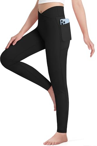 KAKU NANU Girls Black Leggings with Pockets V Cross High Waisted Sports Gym Leggings Running Dance Yoga Pants 7-14 Years