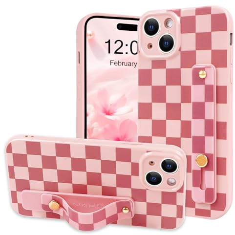 NITITOP Compatible with iPhone 13 Case Cute with Wrist Hand Strap Checkboard Checkered Pattern Aesthetic for Women Girls Plaid Adjustable Kickstand Protective Cover - Pink