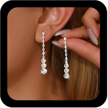 Cybche Vintage Wedding Long Rhinestone Earrings Sparkly Crystal Cubic Zirconia Dangle Drop Earrings Long Tassel CZ Tennis Chain Studs Earring Jewelry for Women