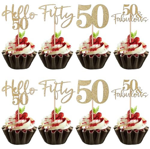 24PCS 50th Golden Wedding Anniversary Cupcake Toppers, 50th Anniversary Cupcake Toppers, Gold Glitter 50 Th Golden Weddings Anniversarys Decor for Birthday and Wedding Cake Party Decoration