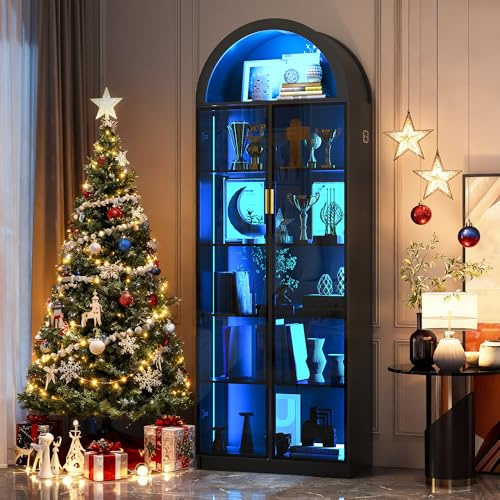 FREDEES Arch Vitrine mit Türen und verstellbaren Einlegeböden, 195CM hohe Vitrine mit LED-Beleuchtung/Stauraum, 6-stöckige für Sammlerstücke, Schlafzimmer, Wohnzimmer, Büro, schwarz