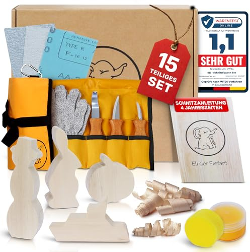 Eli® Schnitzmesser Kinder Set ab 6 Jahre inkl. Handschuhe und Schnitzholz | hochwertiges 15-teiliges Kindermesser Schnitzset - Kinderschnitzmesser - Schnitzwerkzeug - Taschenmesser - schnitzen Geschenk