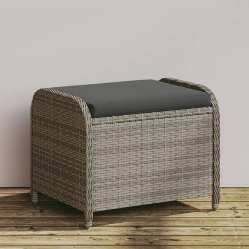 Frdhee Sitzhocker, Garten Terrassenhocker, Fußhocker, Terrassenhocker, Balkonhocker, Gartenhocker mit Kissen Grau 58x46x46 cm Poly Rattan Für Terrasse, Balkon, Wohnzimmer, Robust
