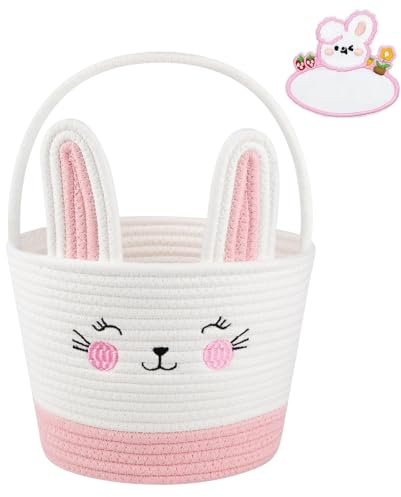 Easter Basket, Bunny Basket for Kids with Name Tag, Bunny Baskets with Handle for Easter Egg Hunt Baskets Bags Easter Gifts Basket for Girls Baby Kids Children