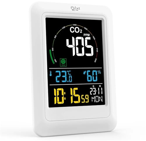 Détecteur de gaz, Moniteur de qualité l'air 5 en 1, détecteur Multifonctionnel Temps réel dioxyde Carbone, capteur numérique température et d'humidité, pour la Maison et Le Camping-Car(White)