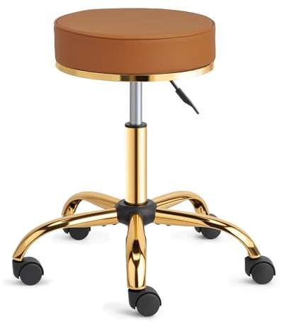 Bonnlo Rollhocker Höhenverstellbar 48-63 cm, Hocker mit Rollen 360°-Drehbar, Bürohocker 150 KG Belastbar, Drehhocker aus Halb-PU-Leder, Arbeitshocker für Salon/Büro/Bar (Braun-Gold, 36x36x63 cm)