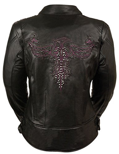 Woman's Motorcycle Riding Black & Purple Leather Jacket w/Pheonix Embroidery